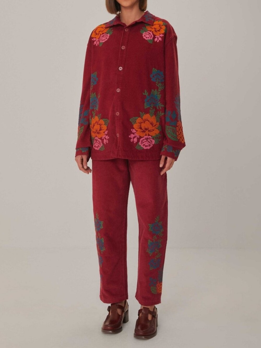 FARM RIO Embroidered Corduroy Top and Pant Set XL Berry Pink Red Burgundy